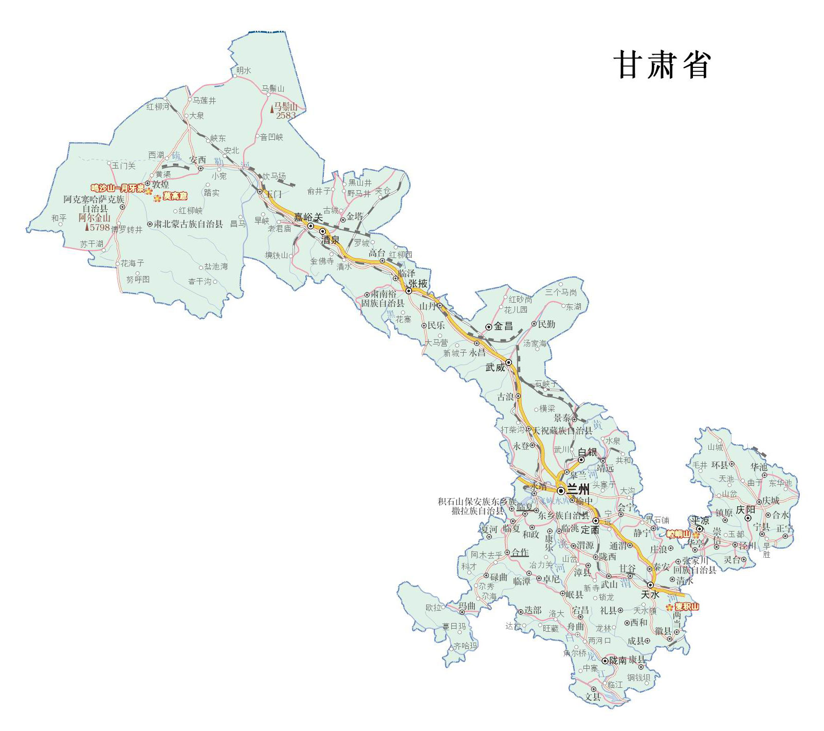 甘肃地图区版; 甘肃重点旅游景区分布图;; 甘肃重点旅游景区分布图
