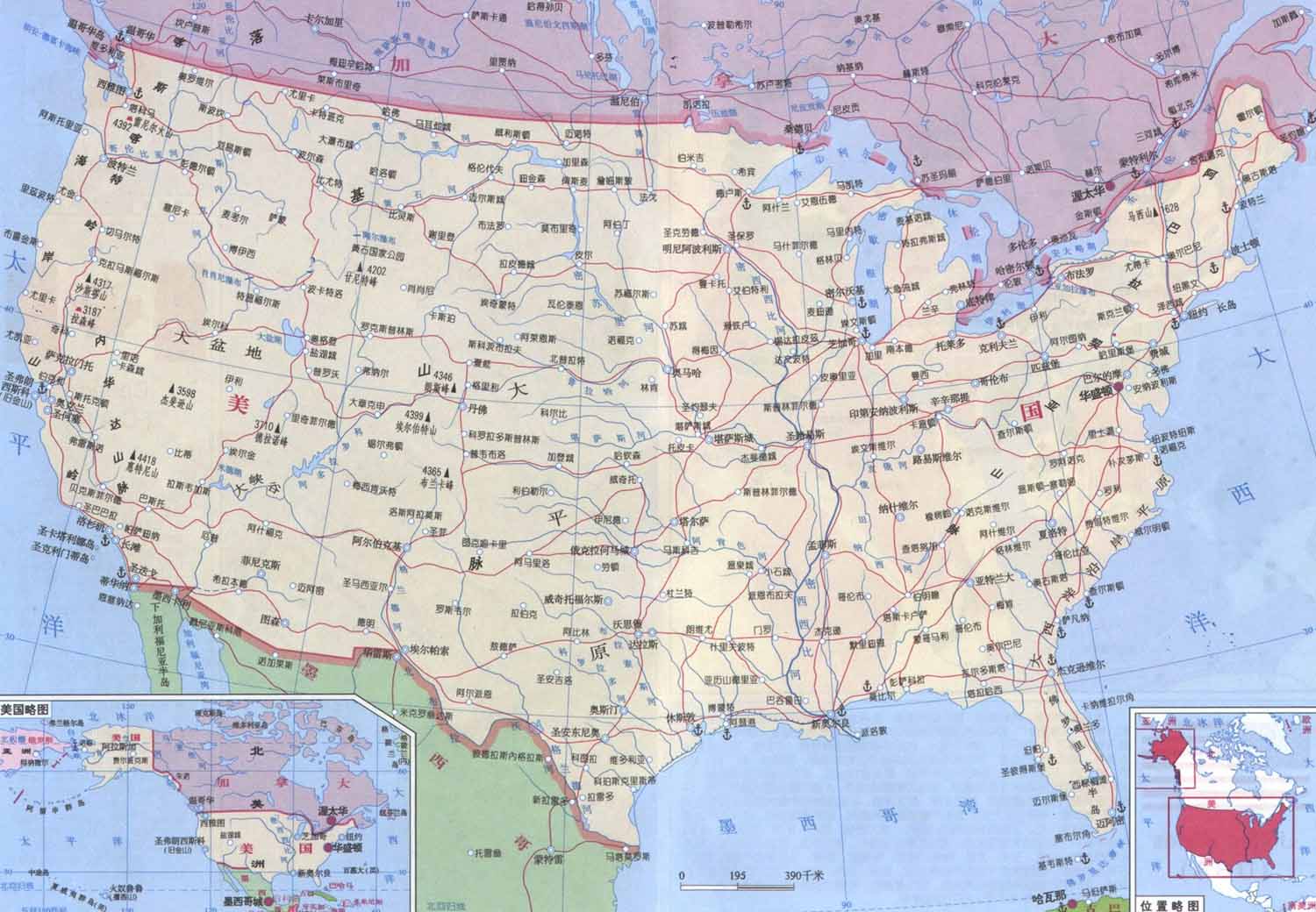 地图库 世界地图 北美洲 美国 >> 美国中文版高清地图    世界各国图片