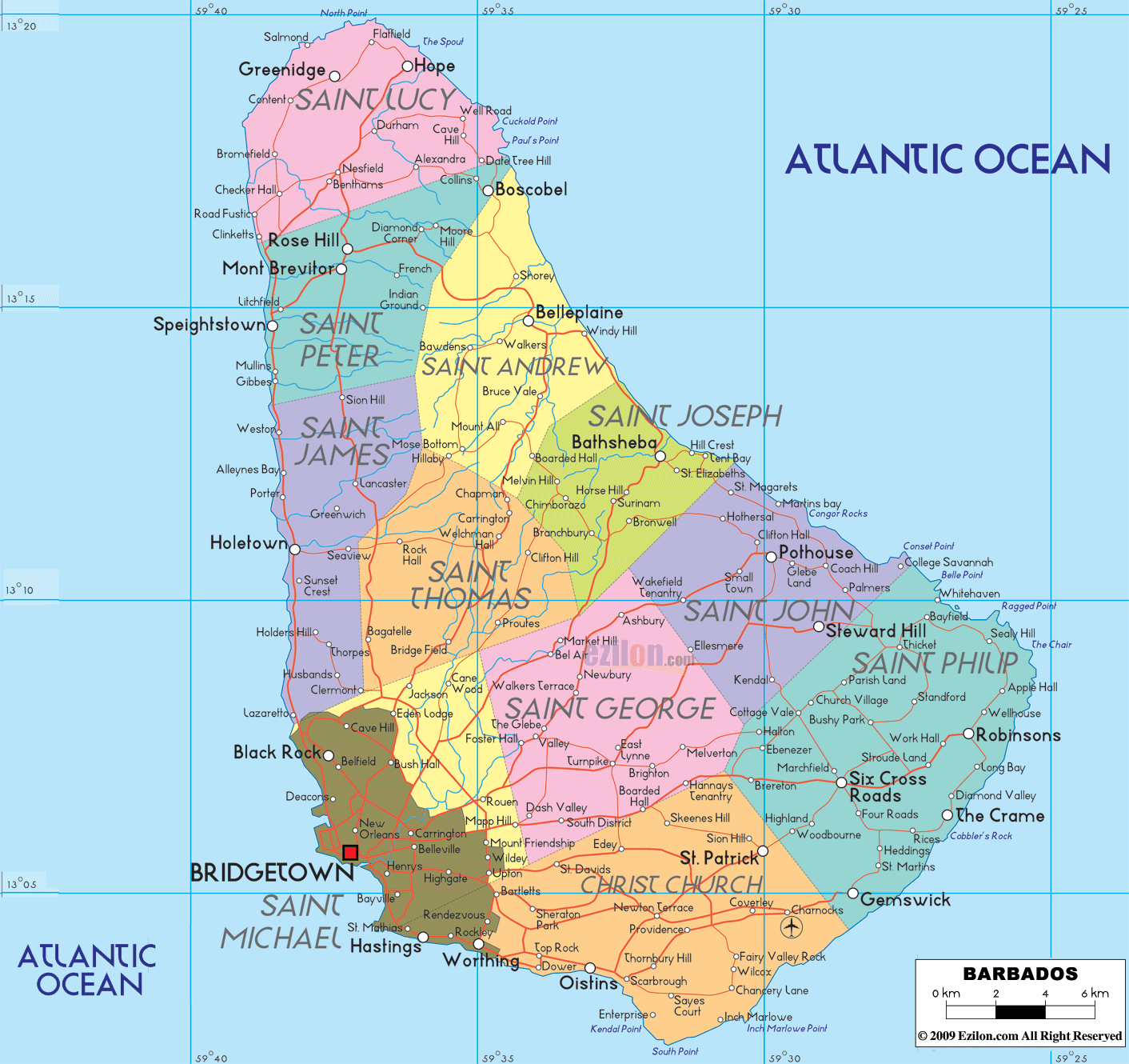 巴巴多斯英文行政区划图