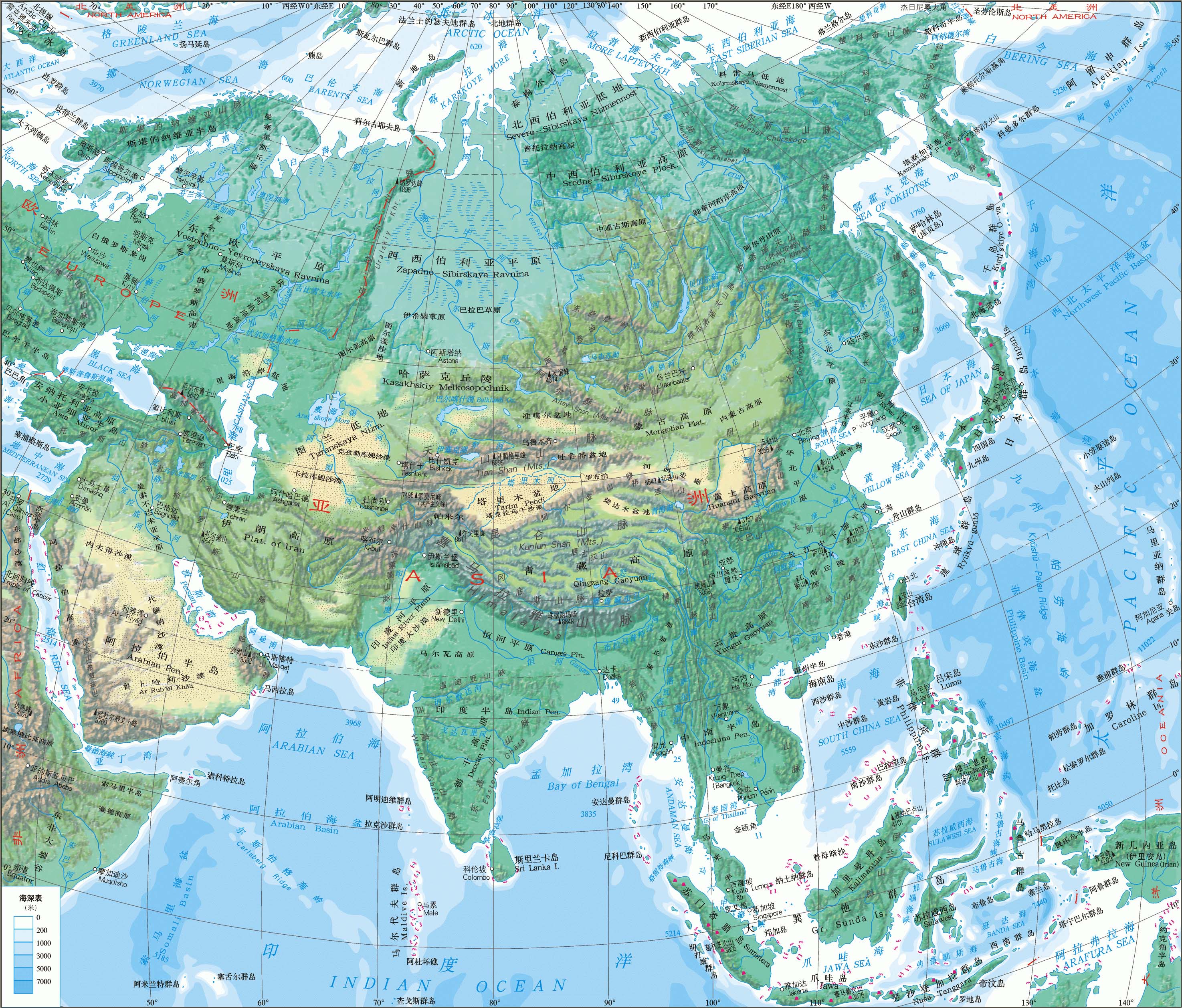 亚洲地形地貌图 - 世界地理地图 - 地理教师网
