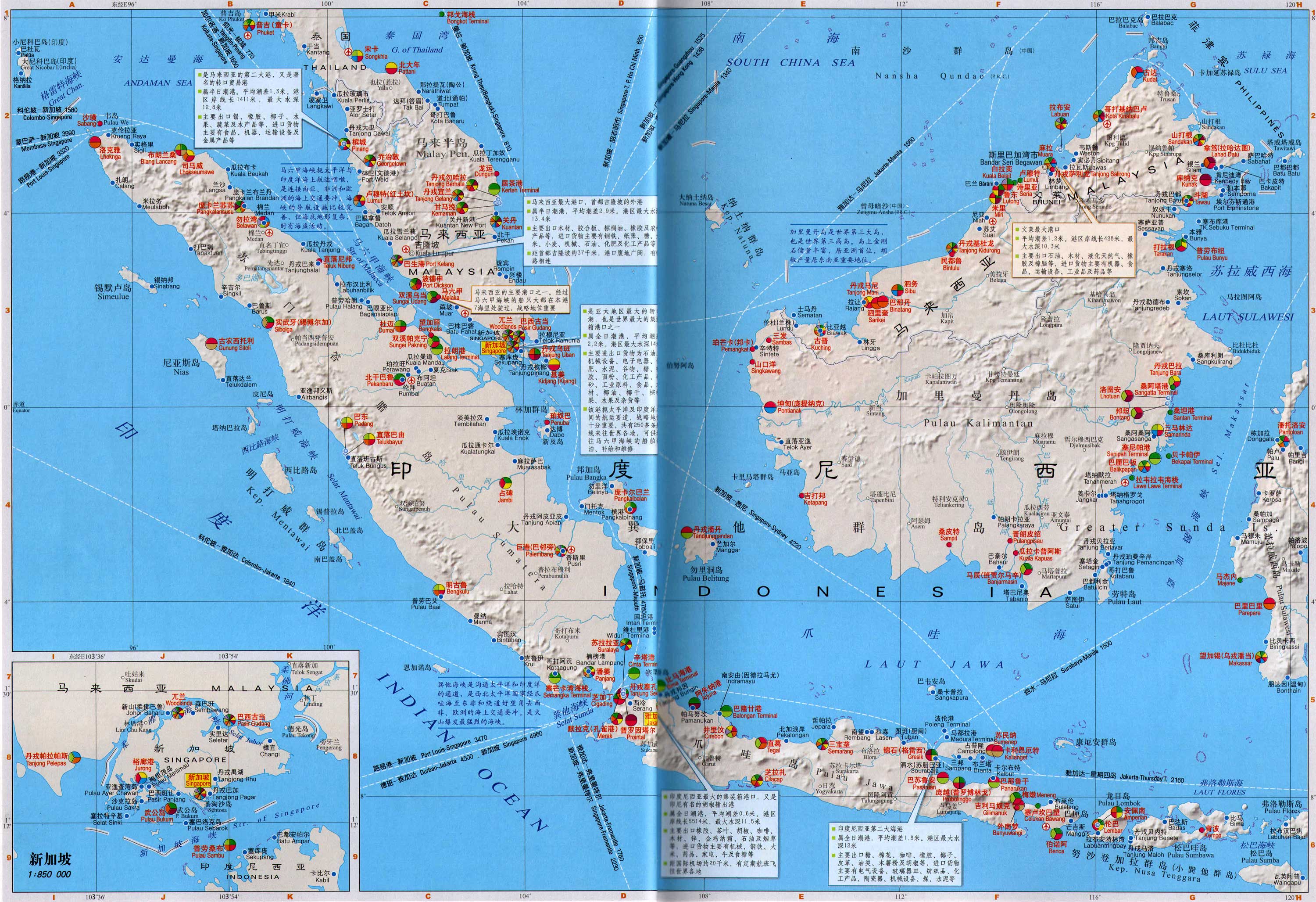 马来西亚,新加坡,文莱,印尼西部港口分布地图图片