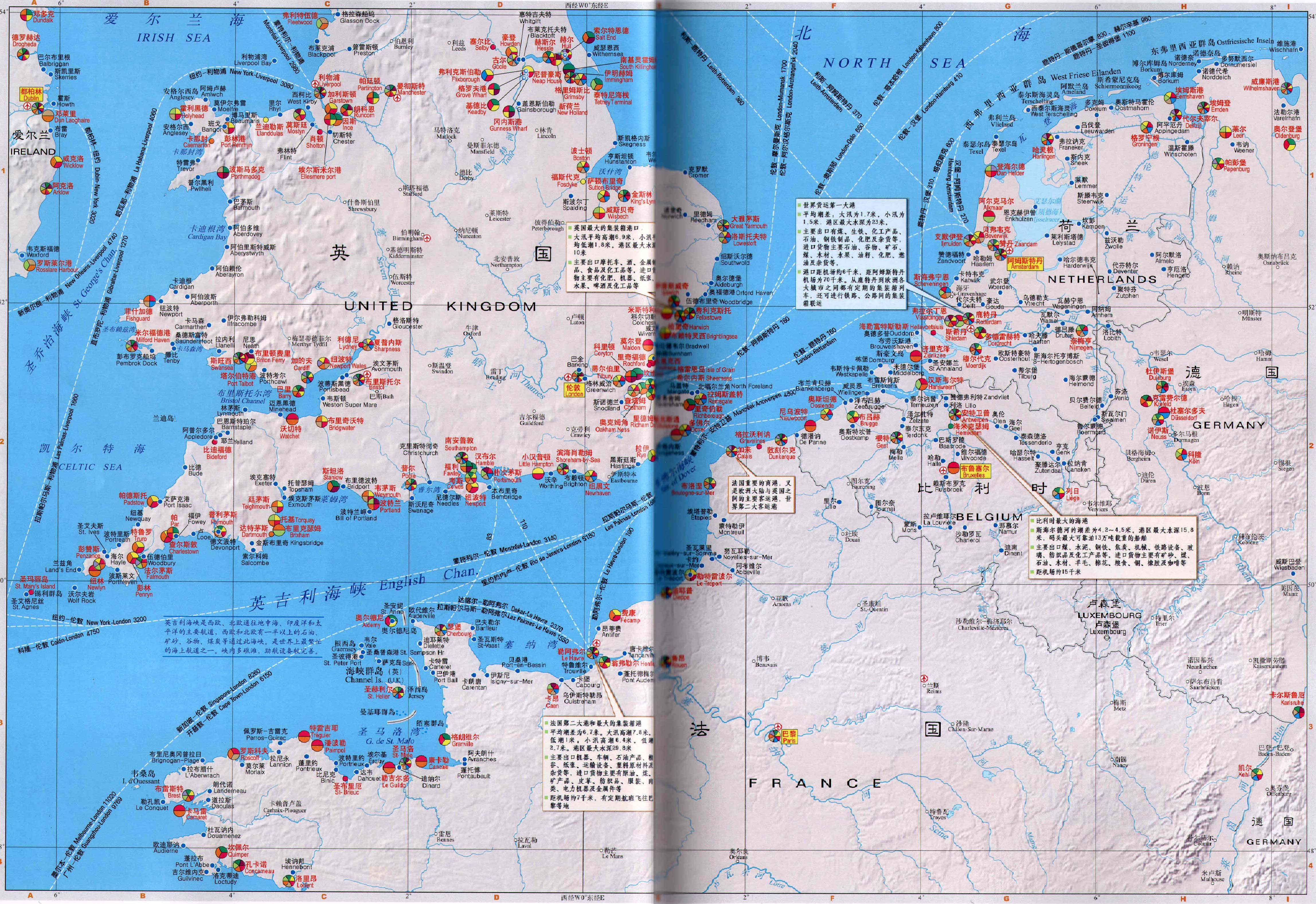 荷兰、比利时、法国北部、英国南部沿海港口分布图