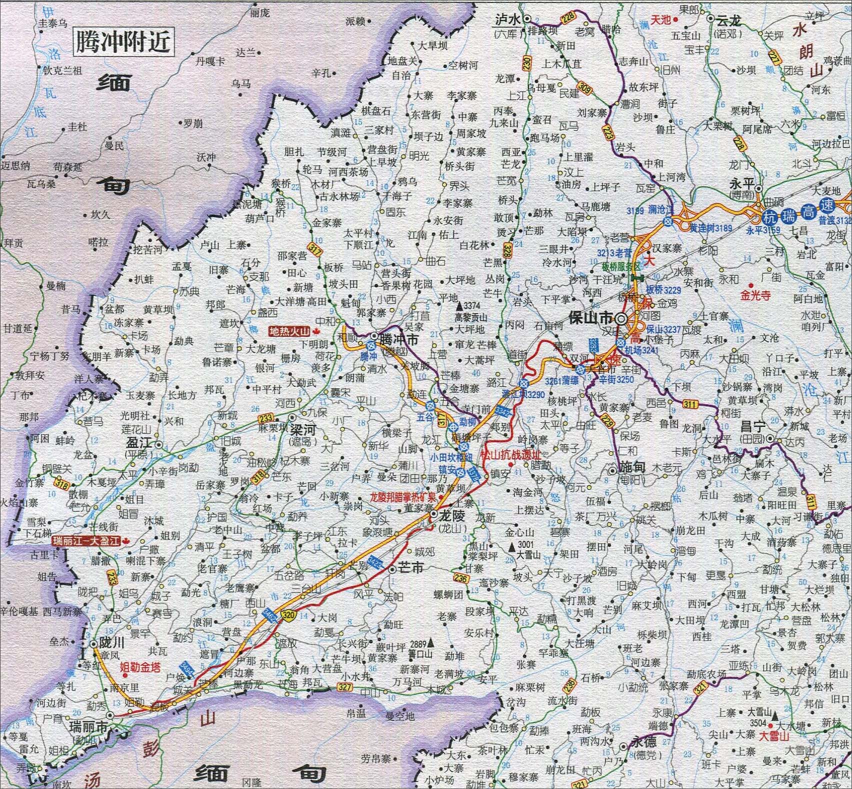 腾冲附近旅游交通地图