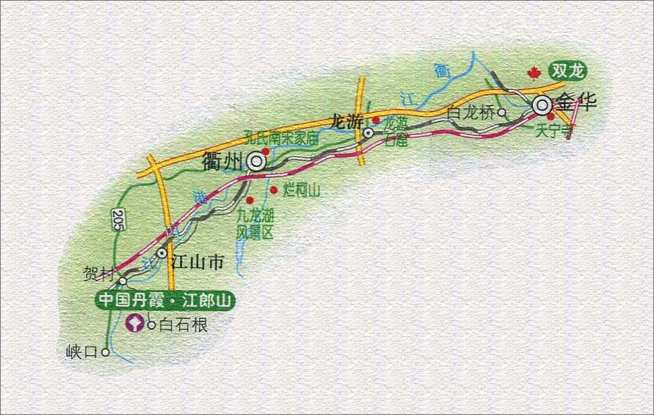金华至中国丹霞江郎山旅游路线图
