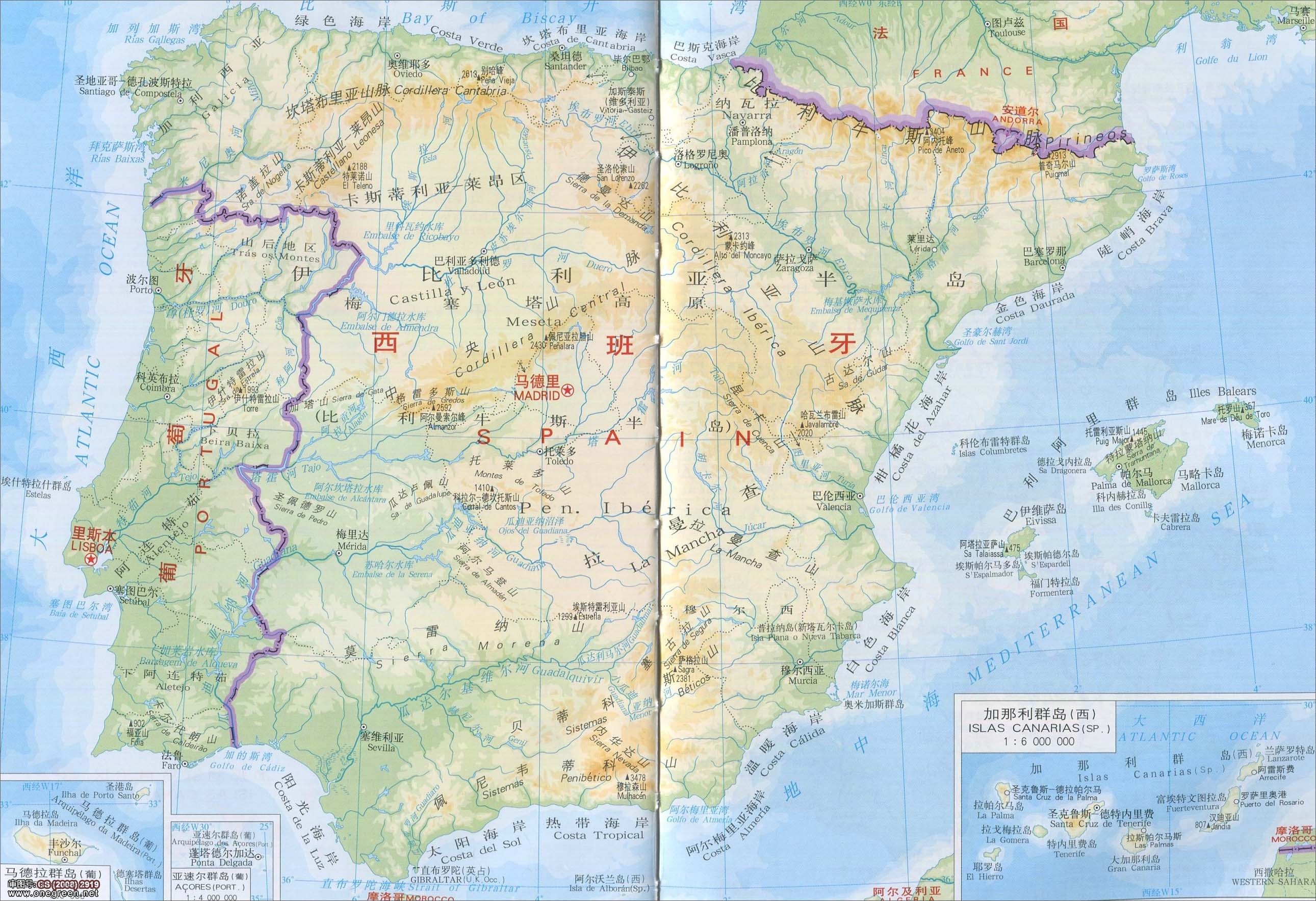 西班牙地形图地图_西班牙地图库