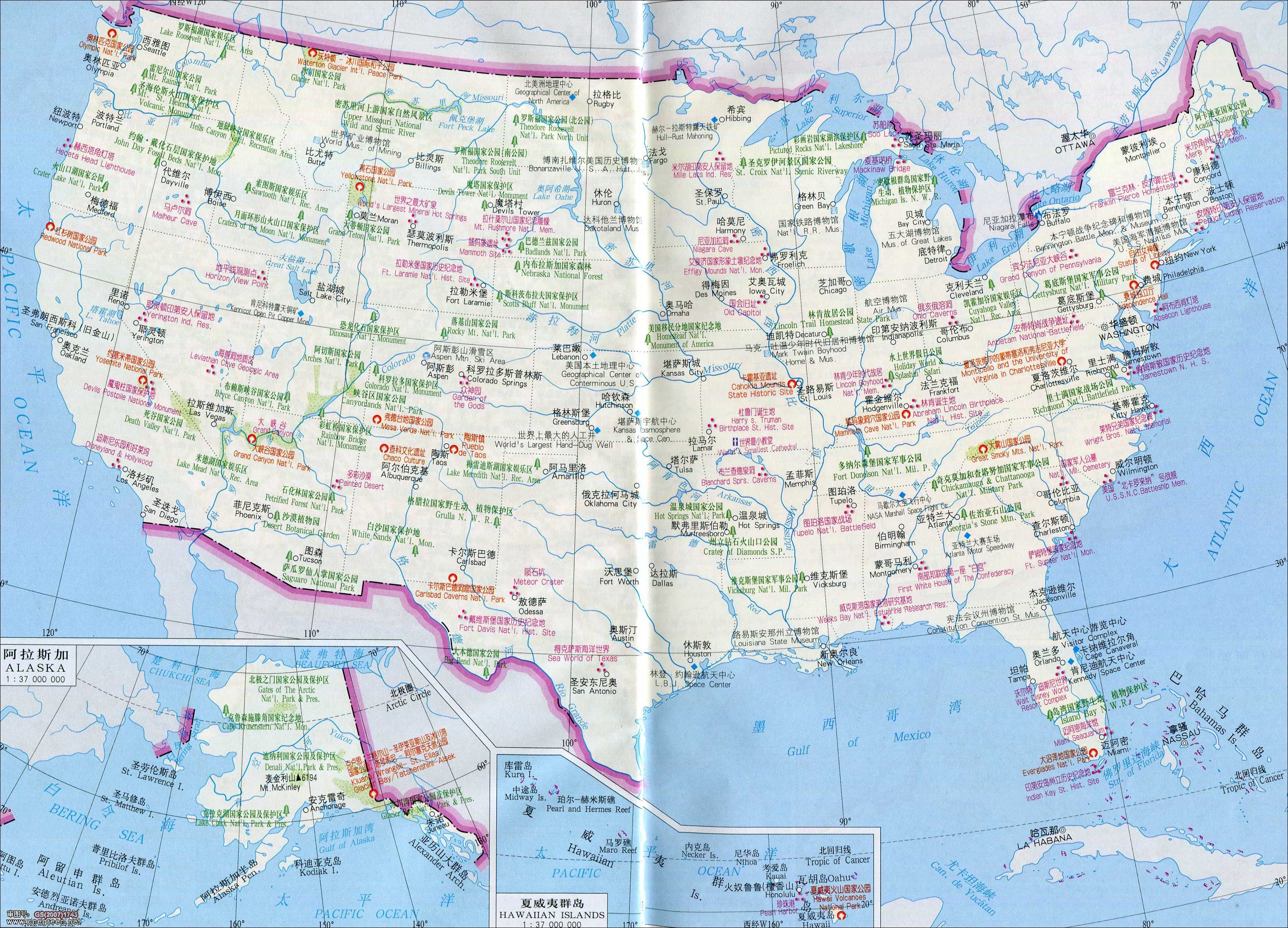 美国旅游景点名胜分布图