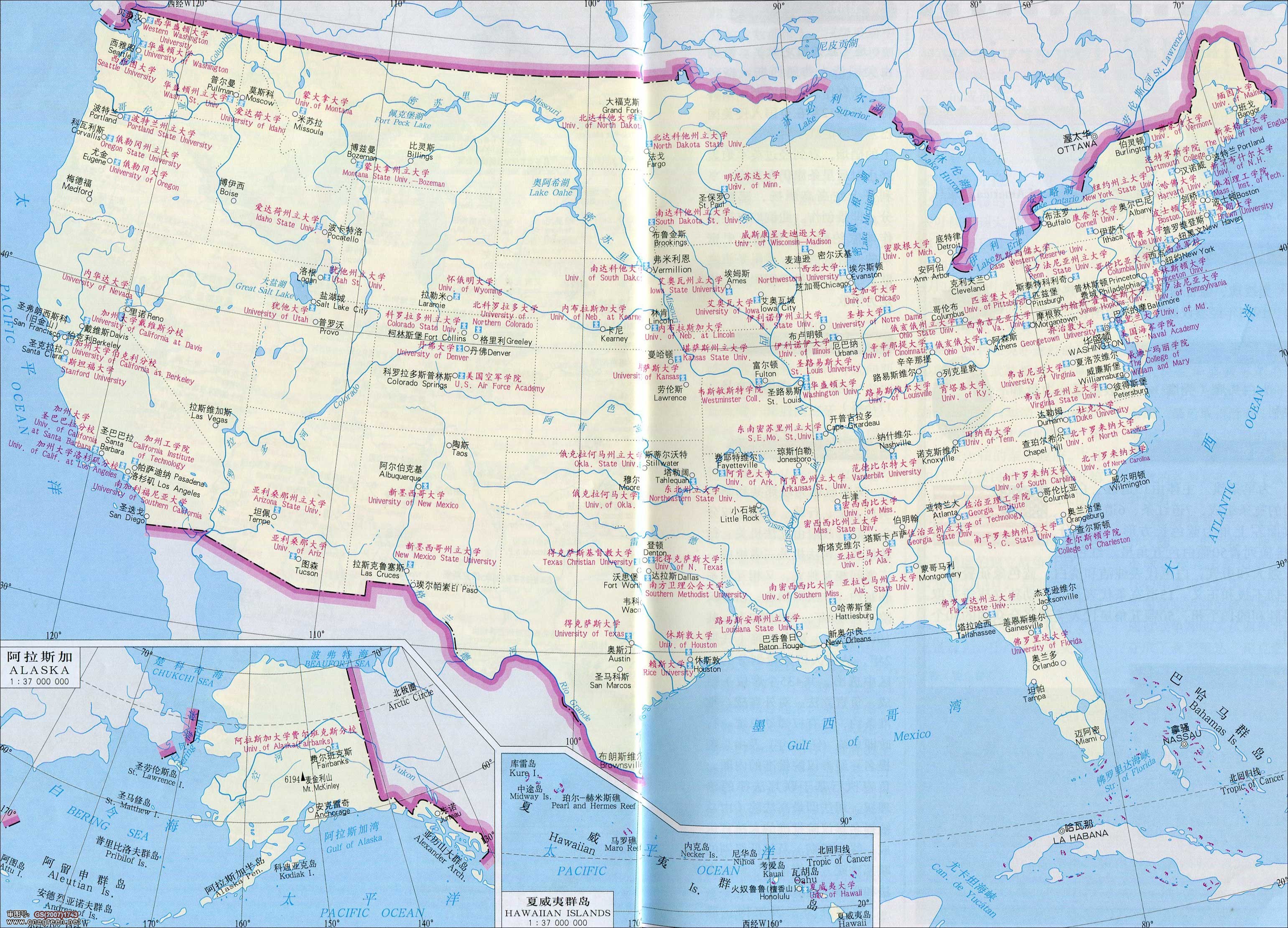 美国大学分布地图高清版_美国地图库_地图窝