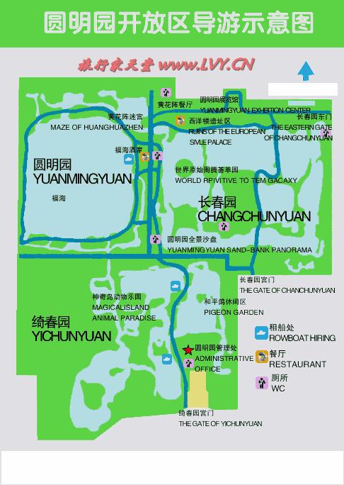 北京圆明园开放区导游示意图